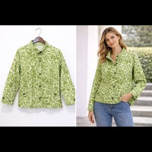 Coldwater Creek Green Floral Top Jacket Button Front Lightweight Medium